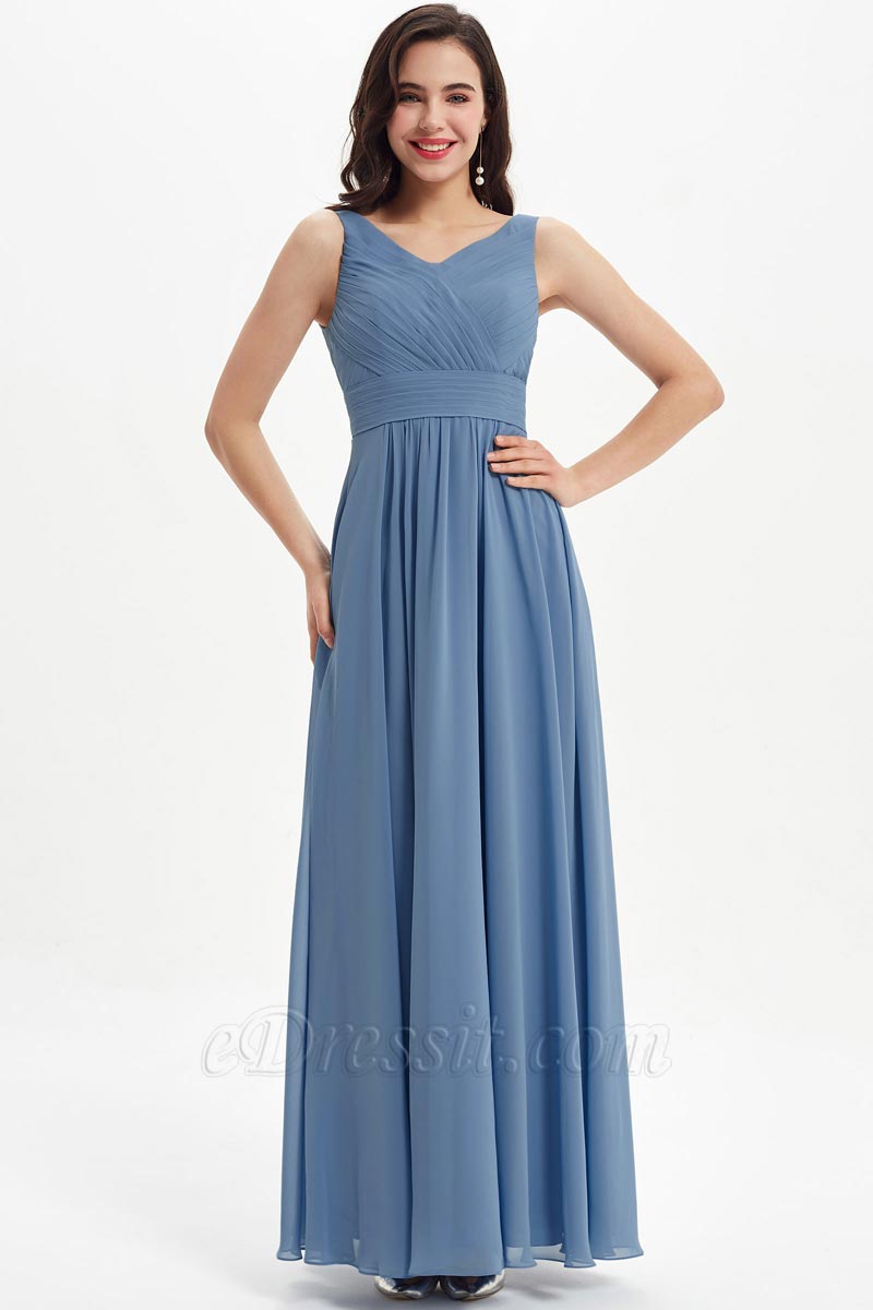 Blue V-Cut Ruched Bodice Wedding Bridesmaid Dress