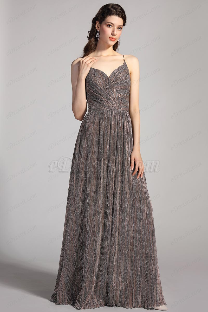 Sexy Spaghetti V-Cut Shiny Formal  Party Ball Gown