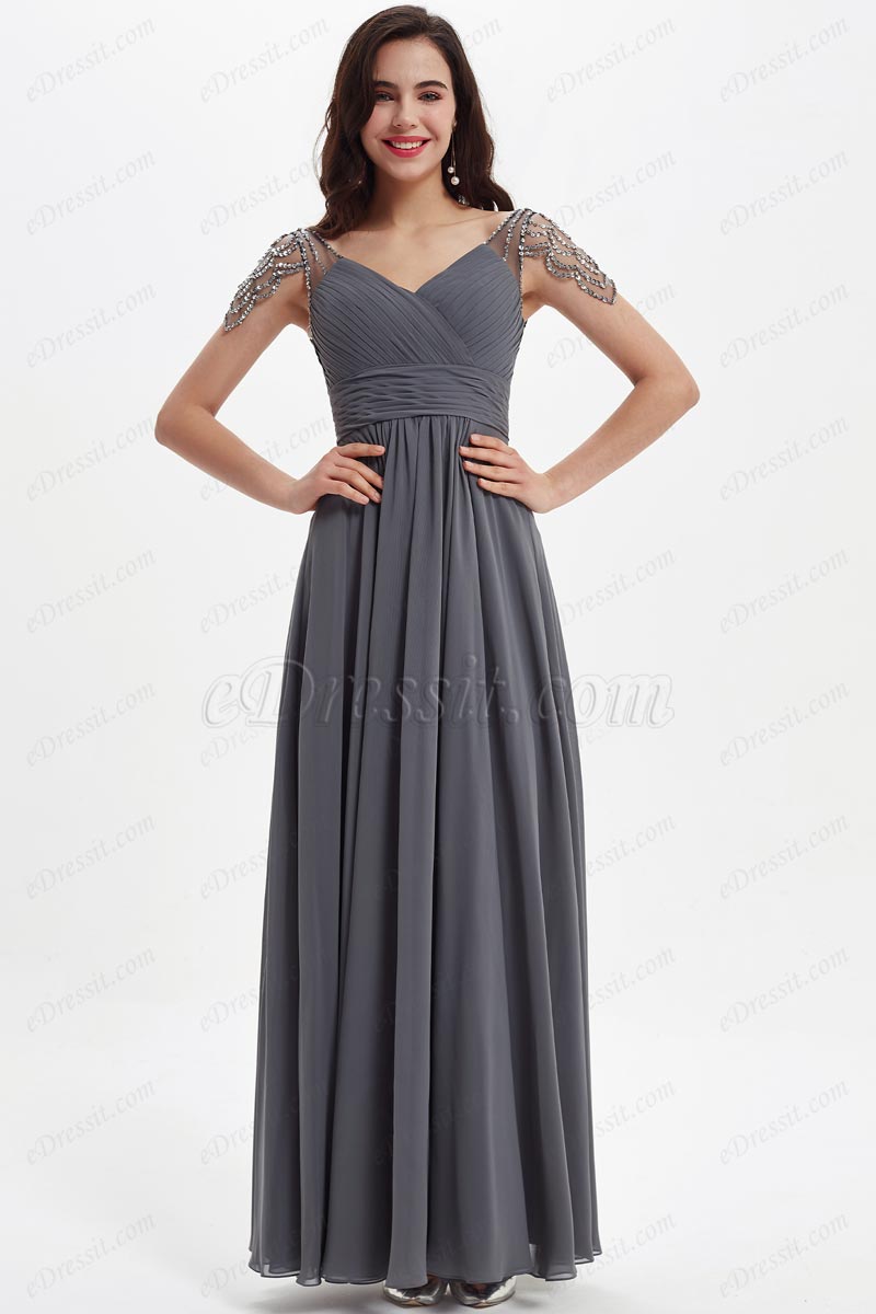 Grey Shiny Beads Cap Sleeves V-Cut Bridesmaid Dress