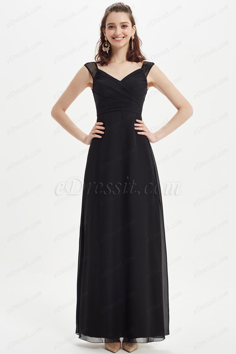 Black Lack Straps V-Cut Wedding Bridesmaid Dress