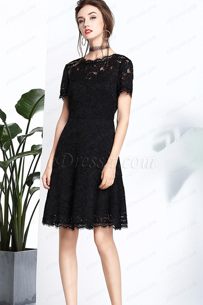 New Black Round Neckline Short Sleeves Elegant Dress