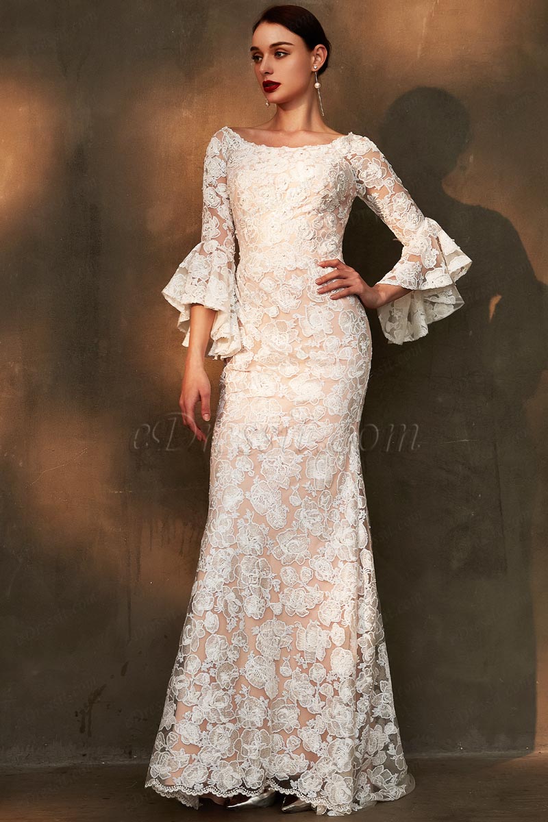 White Trumpet Sleeves Lace Applique Wedding Dress (01201007) eDressit