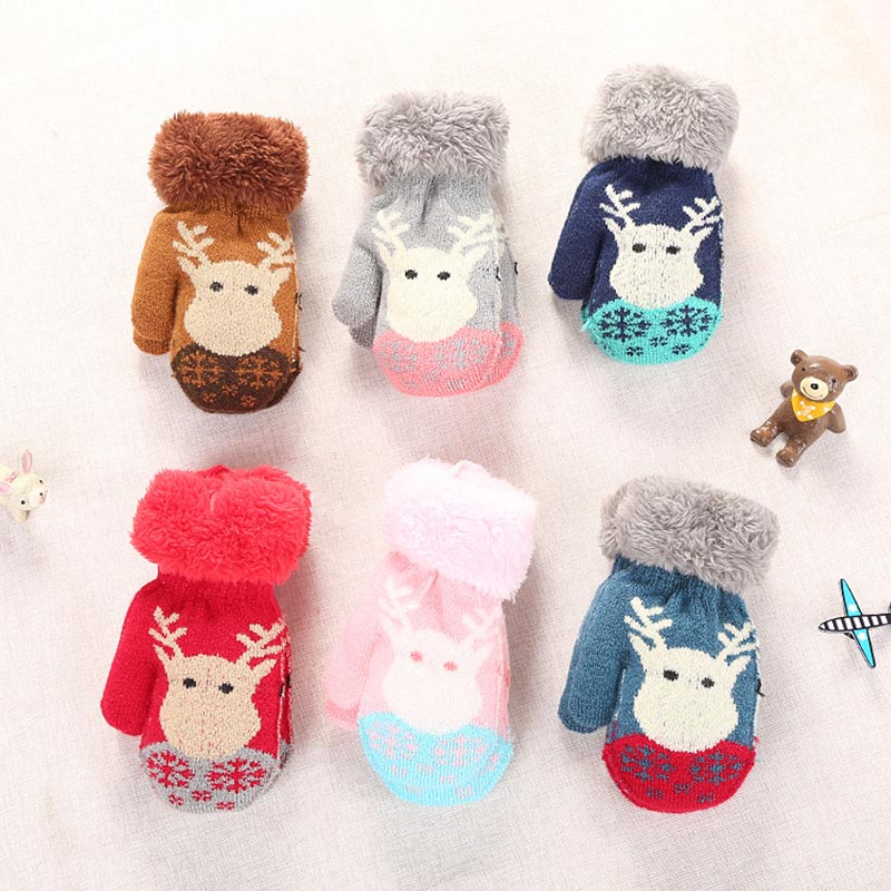 Winter Outdorr Knitted Kid's Glovers with Cute Elk