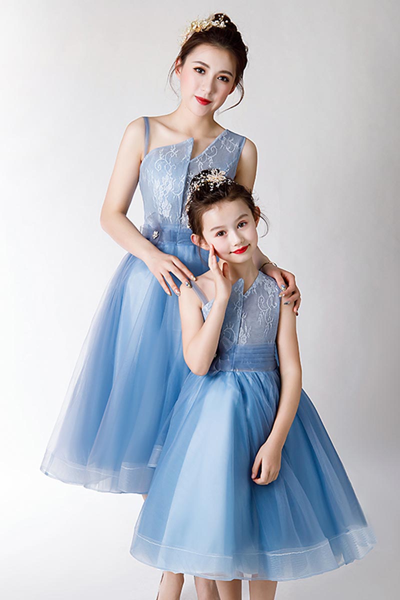 Neues Mutter-Tochter-Cocktailkleid Blauer Tüllrock