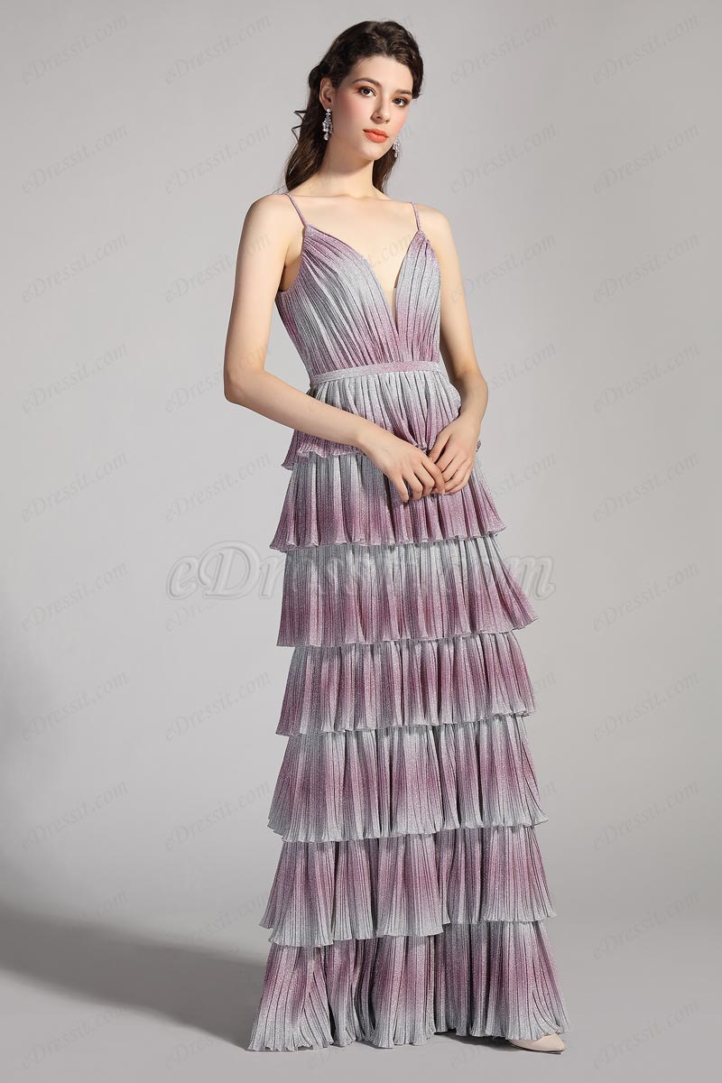 Sexy Gradient Colour V-Cut Spaghetti Party Cake Dress