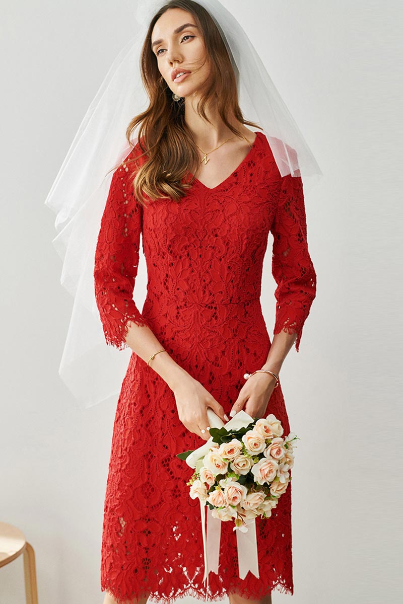 Red V-Cut Sleeves Elegant Lace short Partydress / Daydress