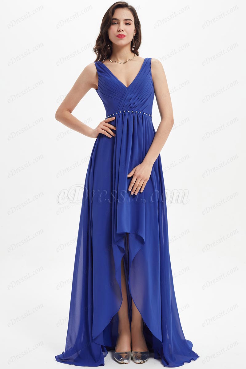 Blau V-Hals Perlen Hochzeit PartyBrautjungfernkleid