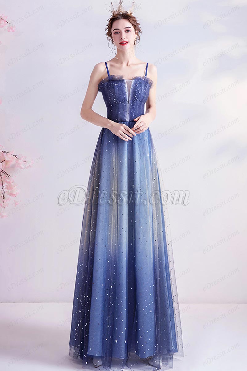 Blue Spaghetti Straps Shiny Tulle Evening Prom Dress