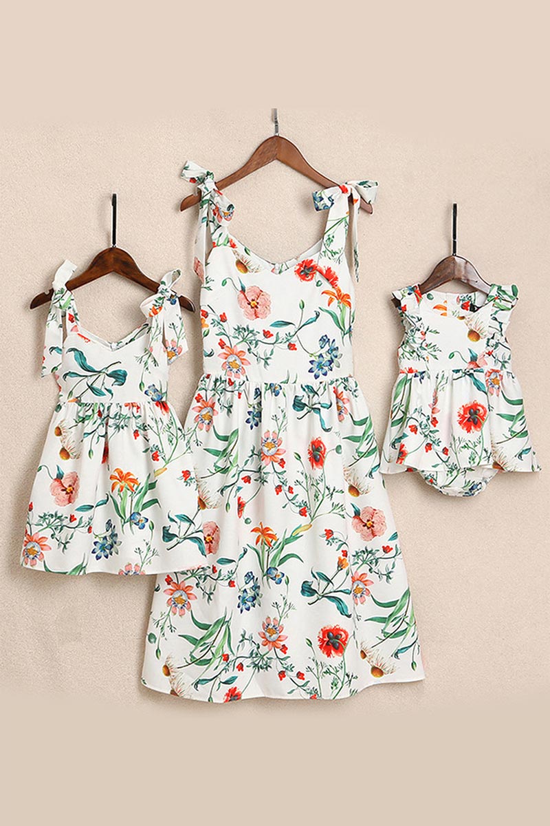 Mommy and Me Floral Printed Dresses Shoulder Straps Bowknot Outfits