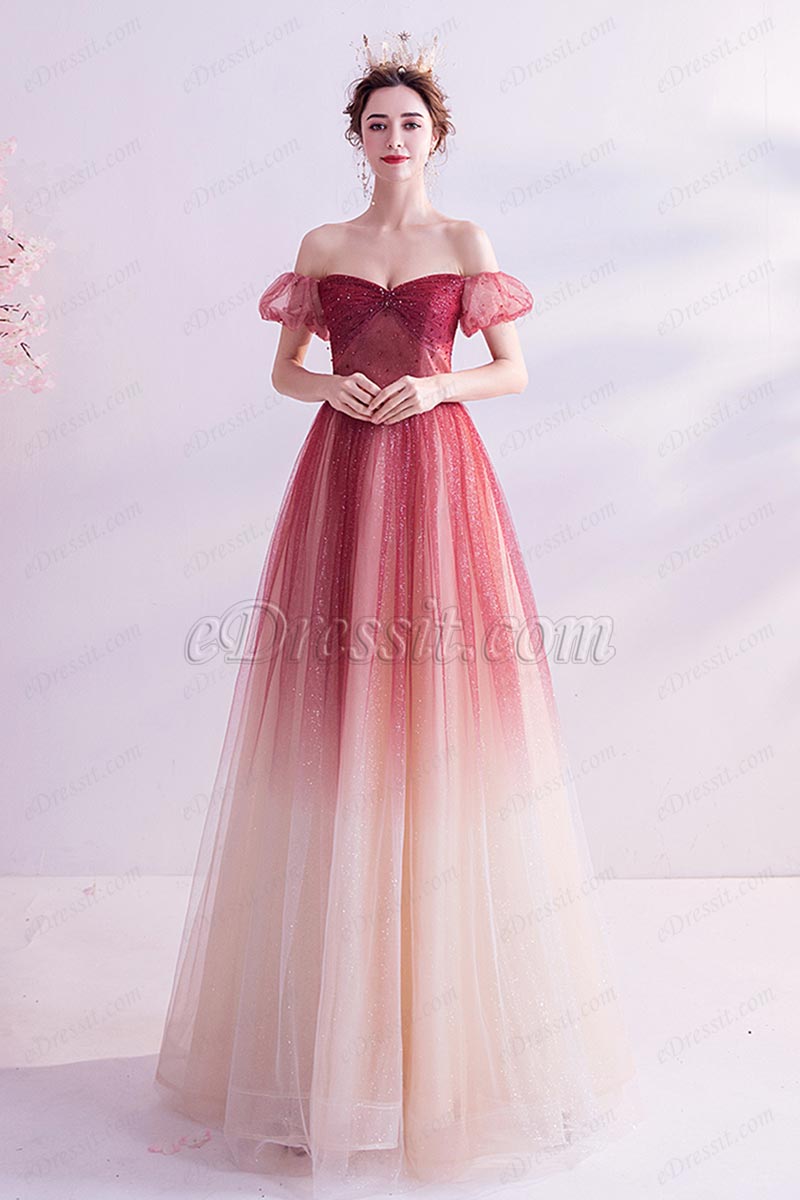 Sexy Gradient OFF Shoulder Shiny Sequins Party Evening Dress