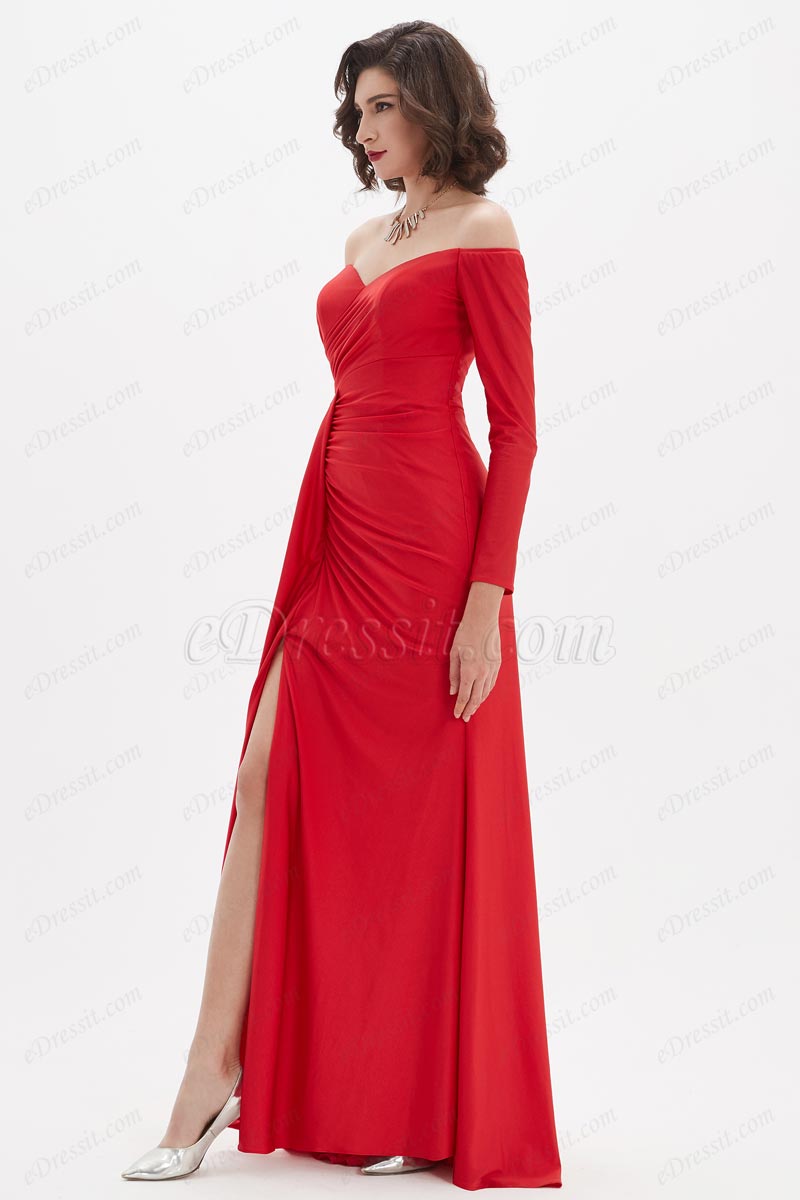 Off shoulder bead high slit long formal evening dress main image 1