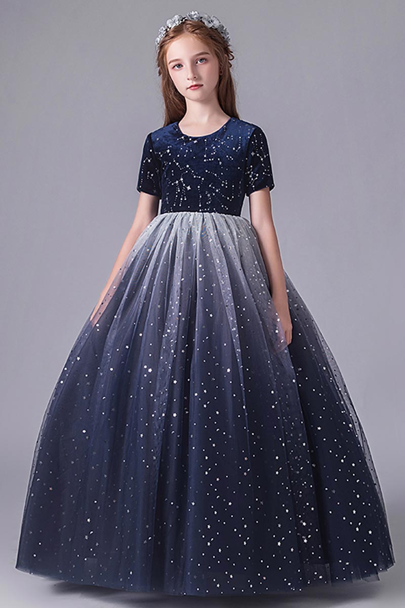 Blaue Pailletten Tüll Hochzeit Blumenmädchen Kleid