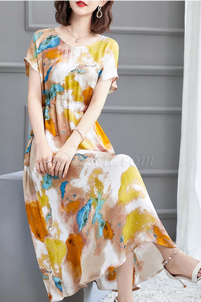 New Fresh Colorful Printed Short Sleeves Holiday Summer Party Dress