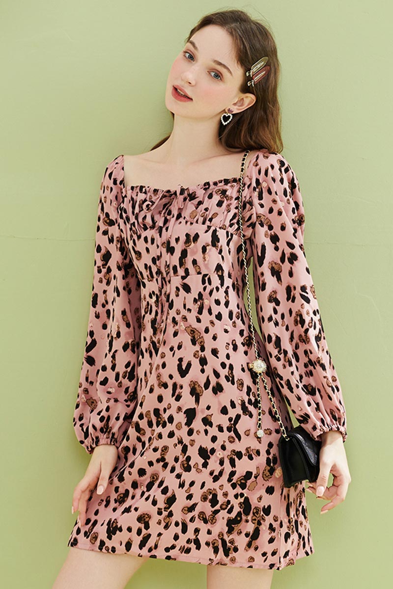 Neues Langarm Leopard Minikleid Sommer Chiffon Kleid