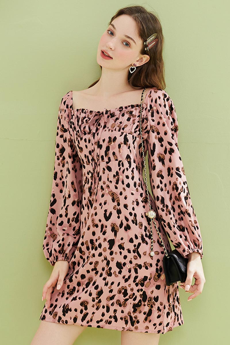 New Long Sleeves Leopard Mini Dress Summer Chiffon Dress