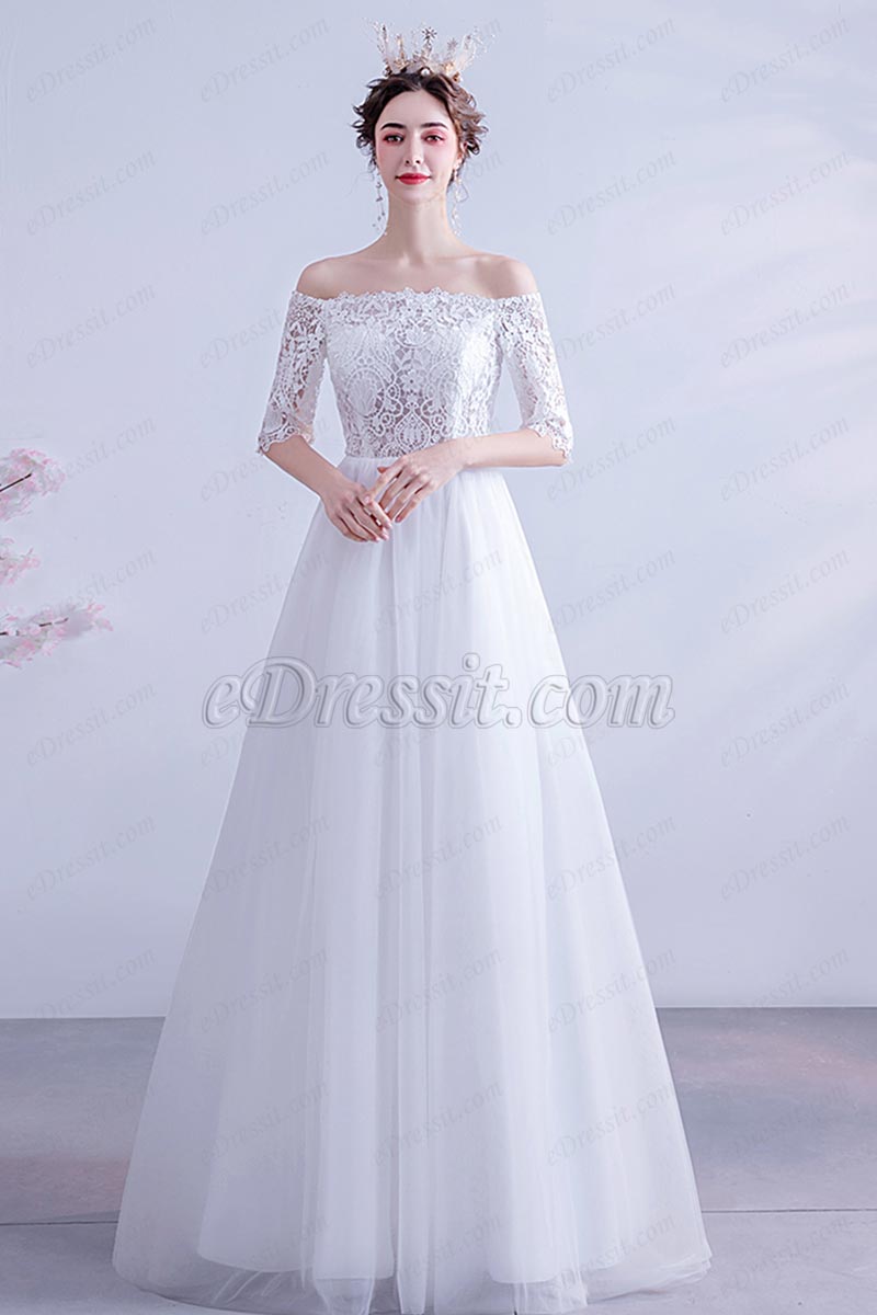 Sexy OFF Shoulder Sleeves White Tulle Wedding Dress