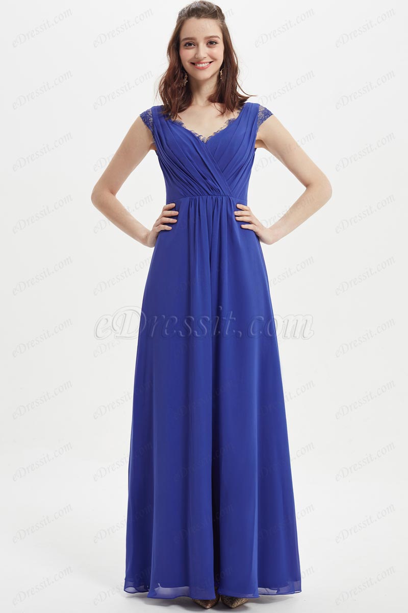 Blue Sexy V-Cut Lace Cap Sleeves Bridesmaid Dress