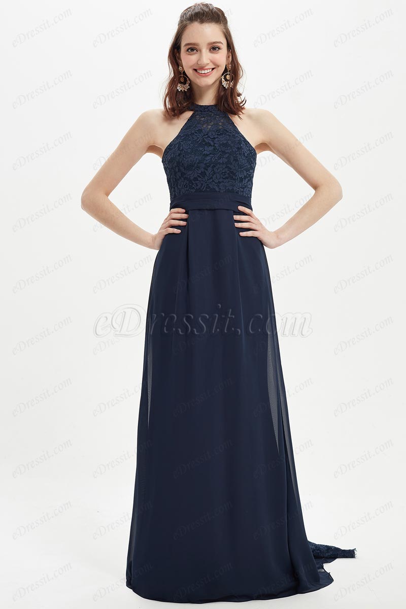 Dark Blue Halter Lace Appliques Bridesmaid Dress