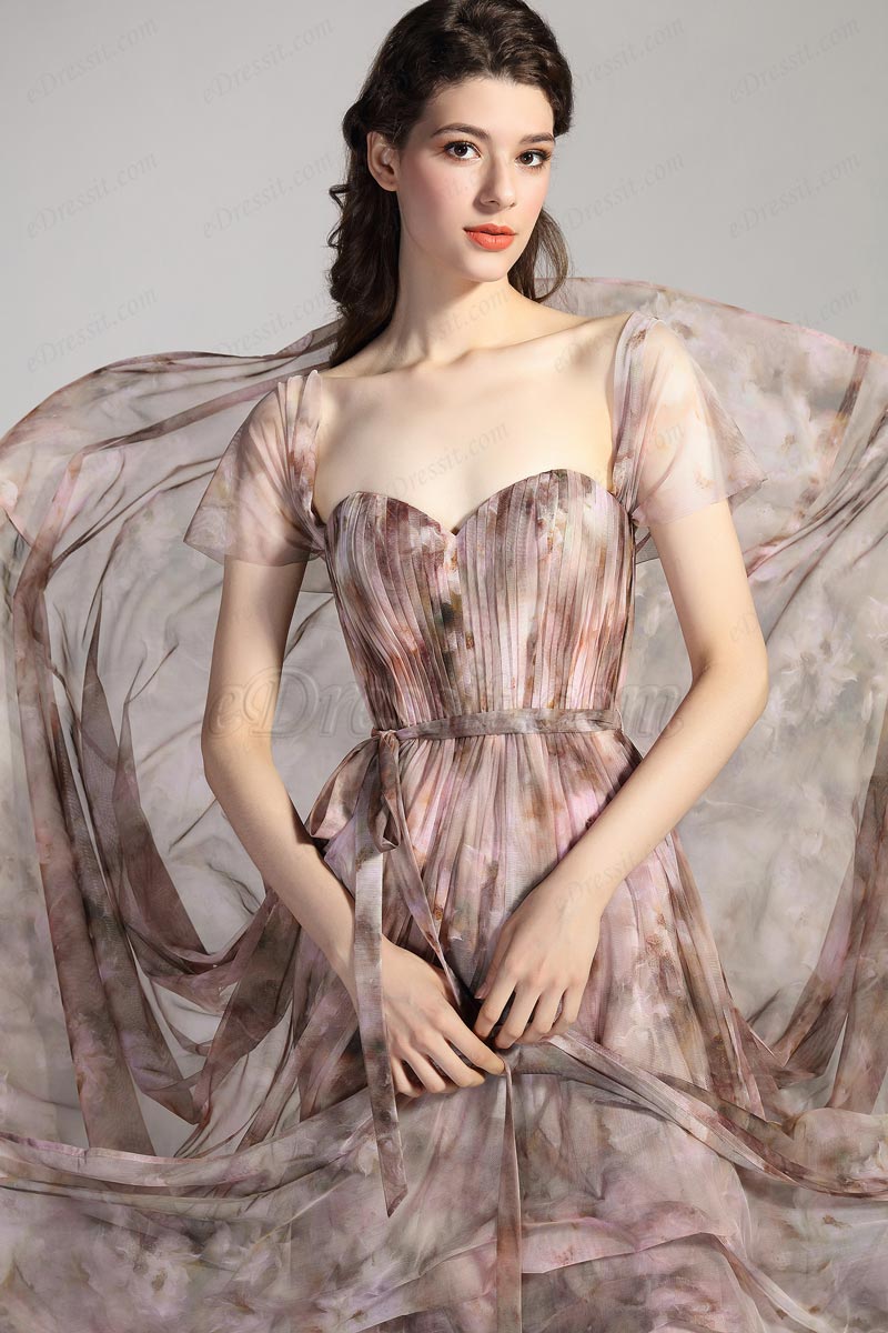 New Printed Fabric Cap Sleeves Party Evening Dress