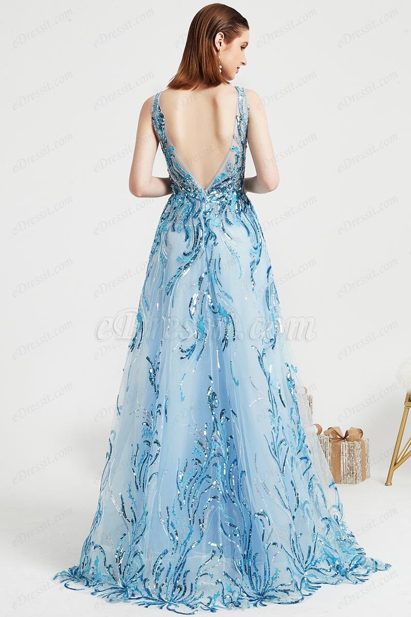 Elegant Blue Sequins Feathers Evening Dress Long Slit Prom Dress Party Gown Y7587 main image 1
