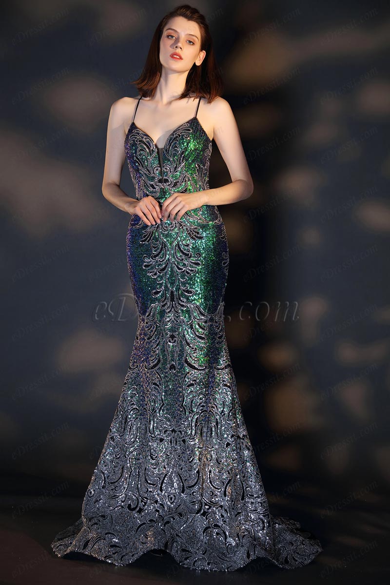 Spaghetti V-Cut Open Back Shiny Sequins Evening Dress