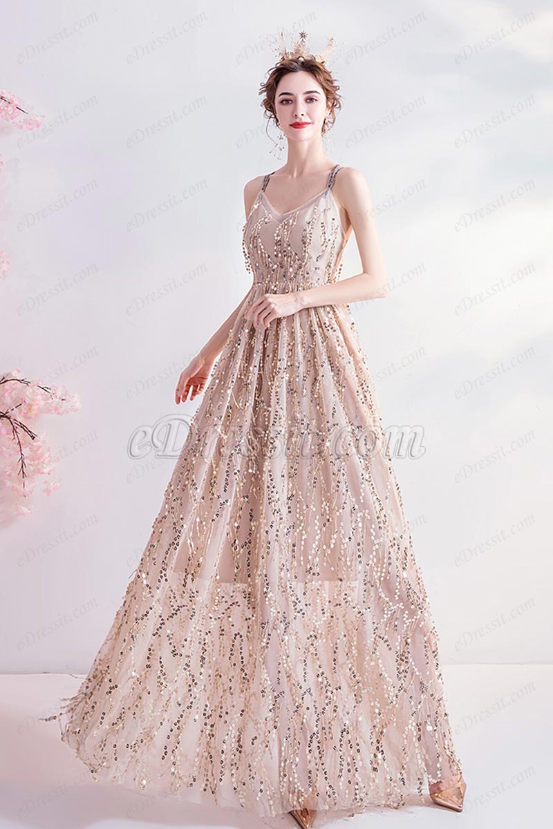 V-Cut Straps Shiny Sequins Long Party Evening Dress