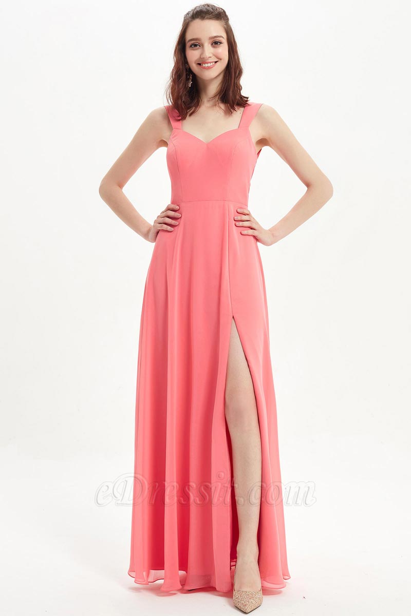 Coral V-Cut Straps High Slit Wedding Bridesmaid Dress