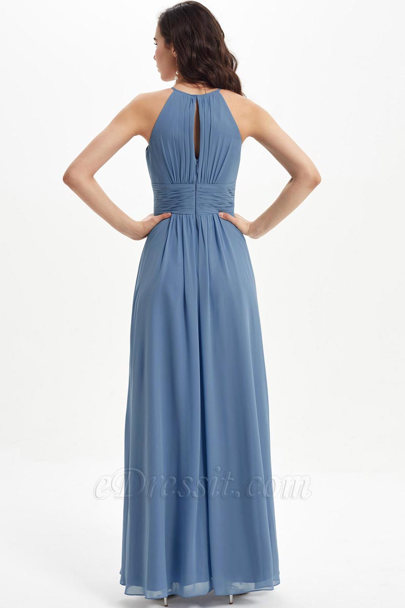 Dusty Blue Bridesmaid Dress A-line Chiffon Halter Floor Length Sleeveless  Wedding Party Dress (07221810) - eDressit