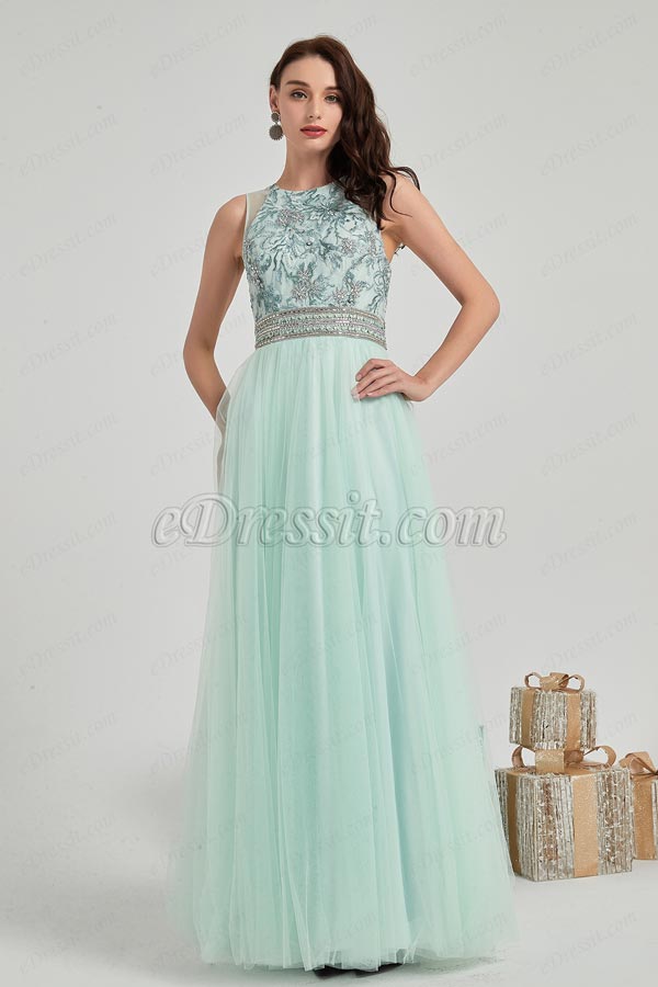 New Green Embroidery Tulle Ball Evening Dress