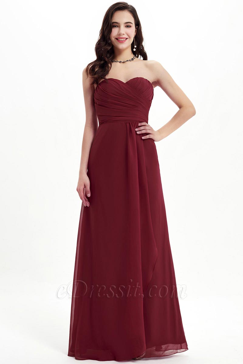 Burgundy Strapless Sweetheart Party Bridesmaid Dress