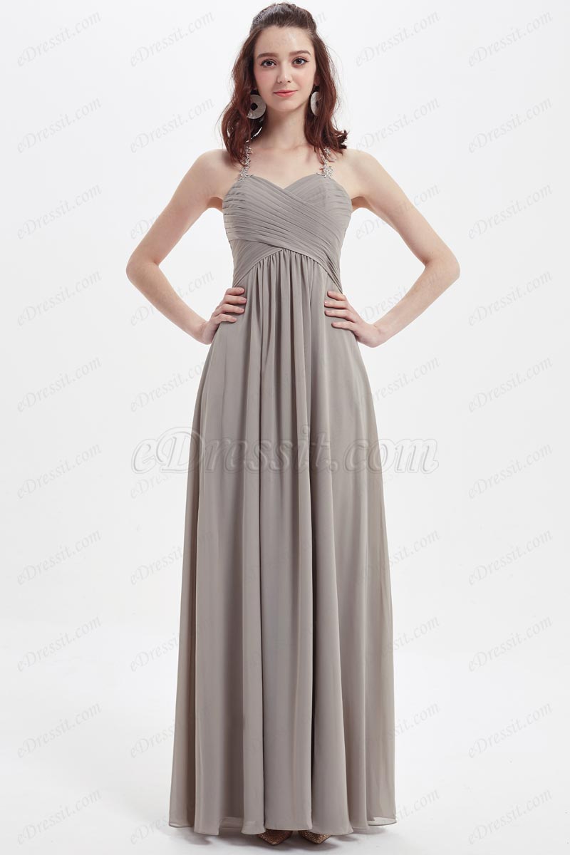 Grey Halter Pleated Bodice Bridesmaid Party Dress