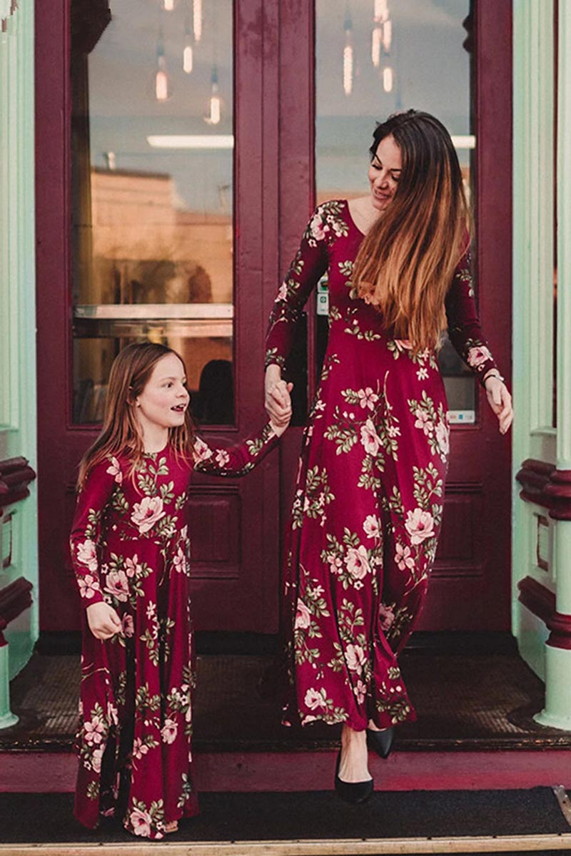 New Mommy and Me Floral Printed Maxi Dress With Long Sleeve