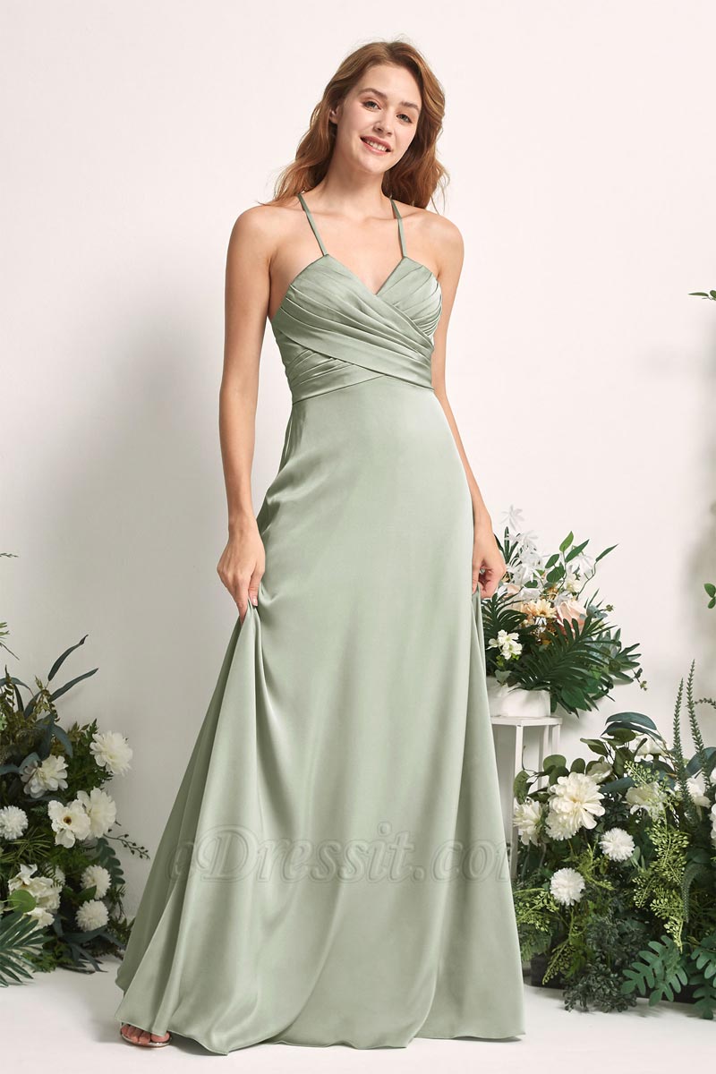slim fit dress slacks Zapaka Women Light Green Bridesmaid Dress with Lace Up Back A Line Halter Backless Long Wedding Guest Dress, Light Green / US16W main image 1