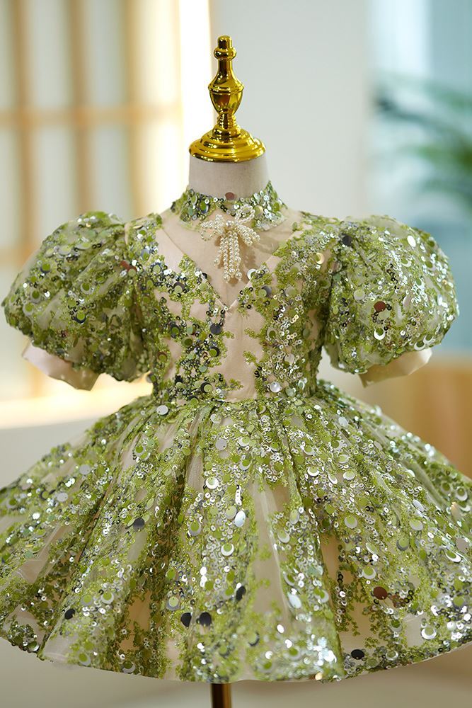 Princess Mock Neck Tea Length Sequined Flower Girl Dress Green