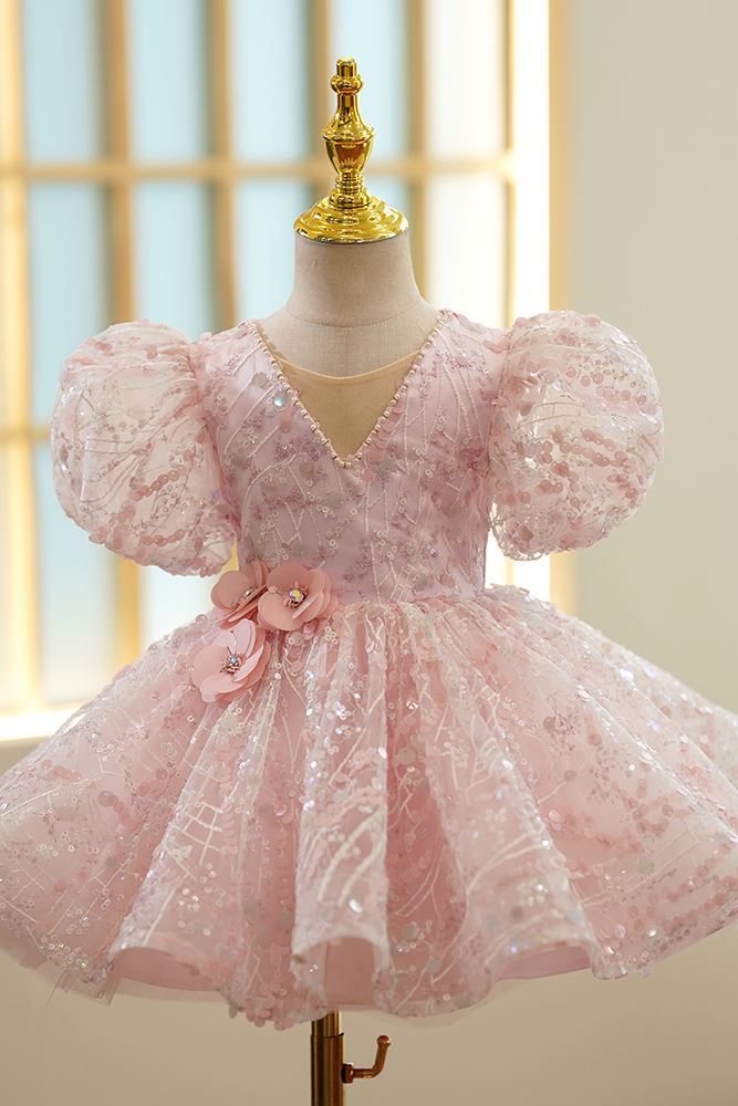 Prinzessin V Ausschnitt Pailletten Blumenmädchenkleider Rosa
