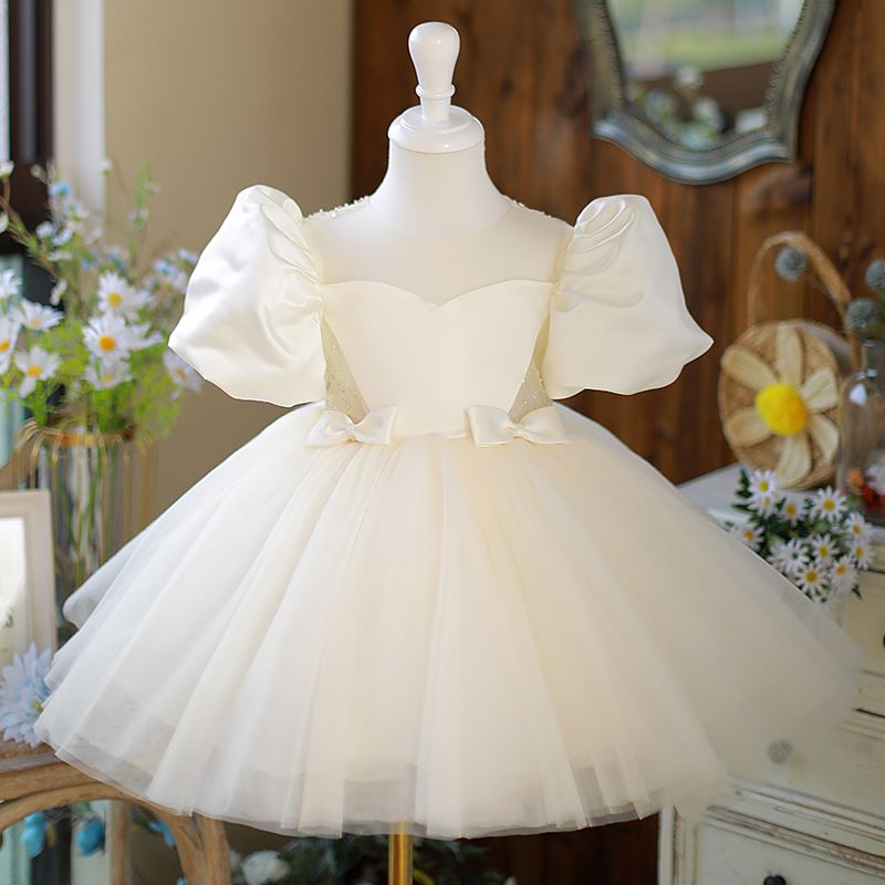 Prinzessin Runden Wadenlang Satin Blumenmädchenkleider in Champagner