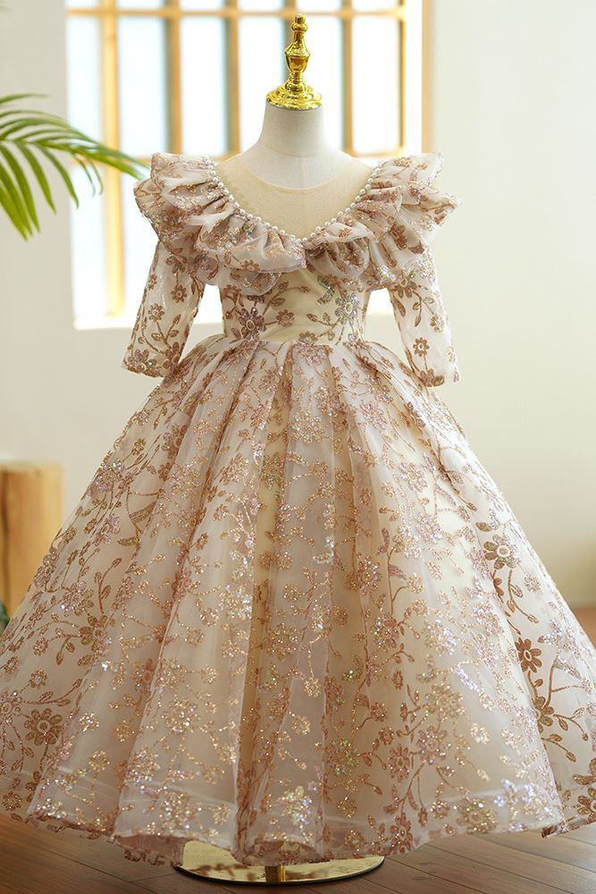 Princesa Hasta el suelo Sequined vestidos para chica de flor in Champán