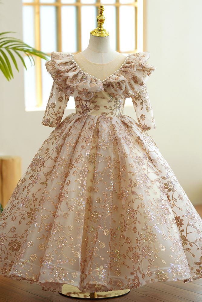 Princess Scoop Floor Length Sequined Flower Girl Dress in Champagne