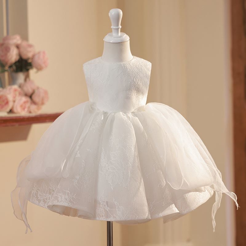 Prinzessin Runden Wadenlang Polyester Blumenmädchenkleider in Weiß