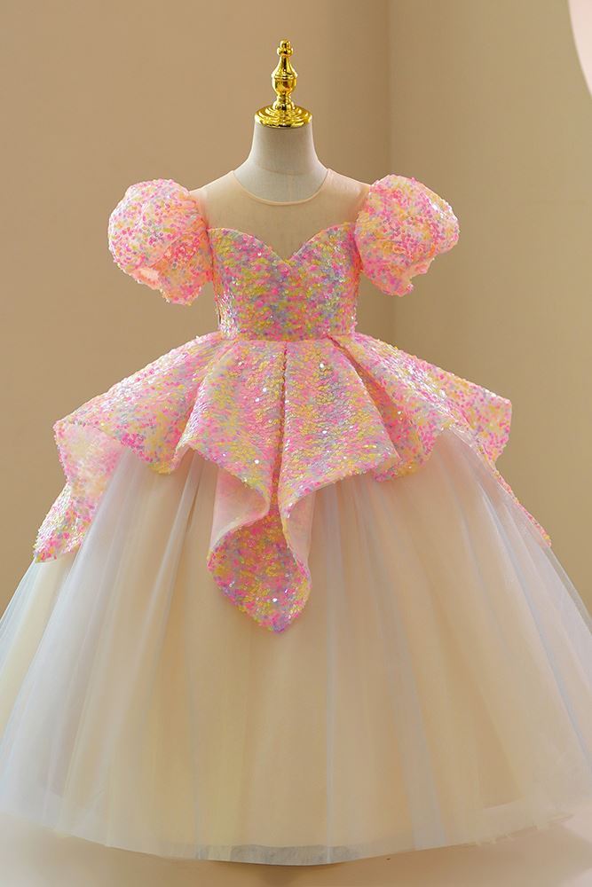 Prinzessin Runden Bodenlang Pailletten Blumenmädchenkleider in Rosa