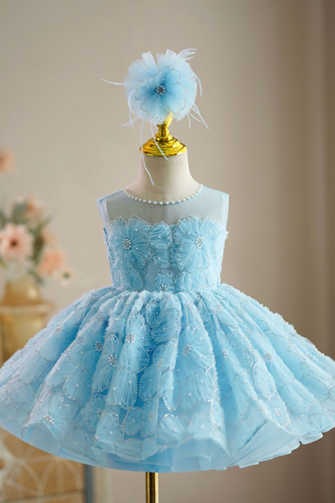 Prinzessin Juwelenhals Wadenlang Spitze Blumenmädchenkleider in Blau