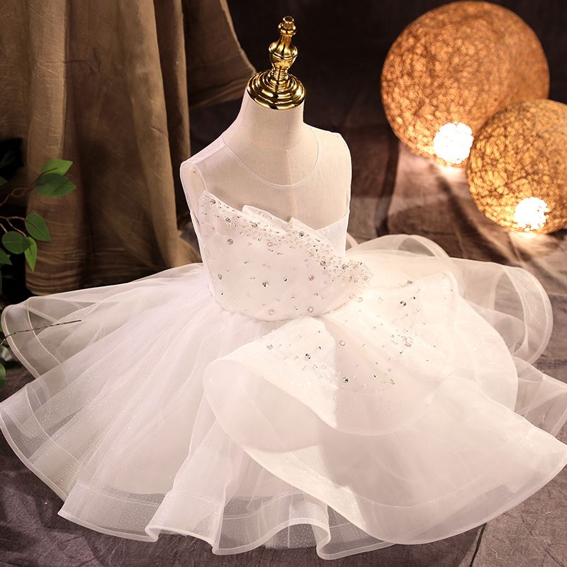 Prinzessin Runden Wadenlang Organza Blumenmädchenkleider in Weiß