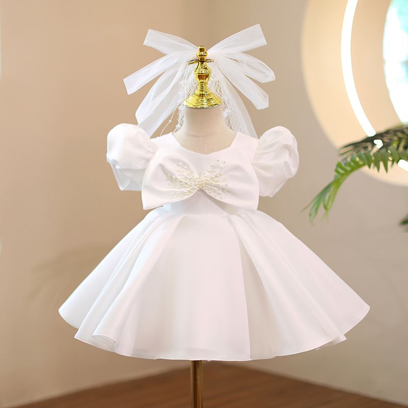 Princess Square Tea Length Satin Flower Girl Dress in White