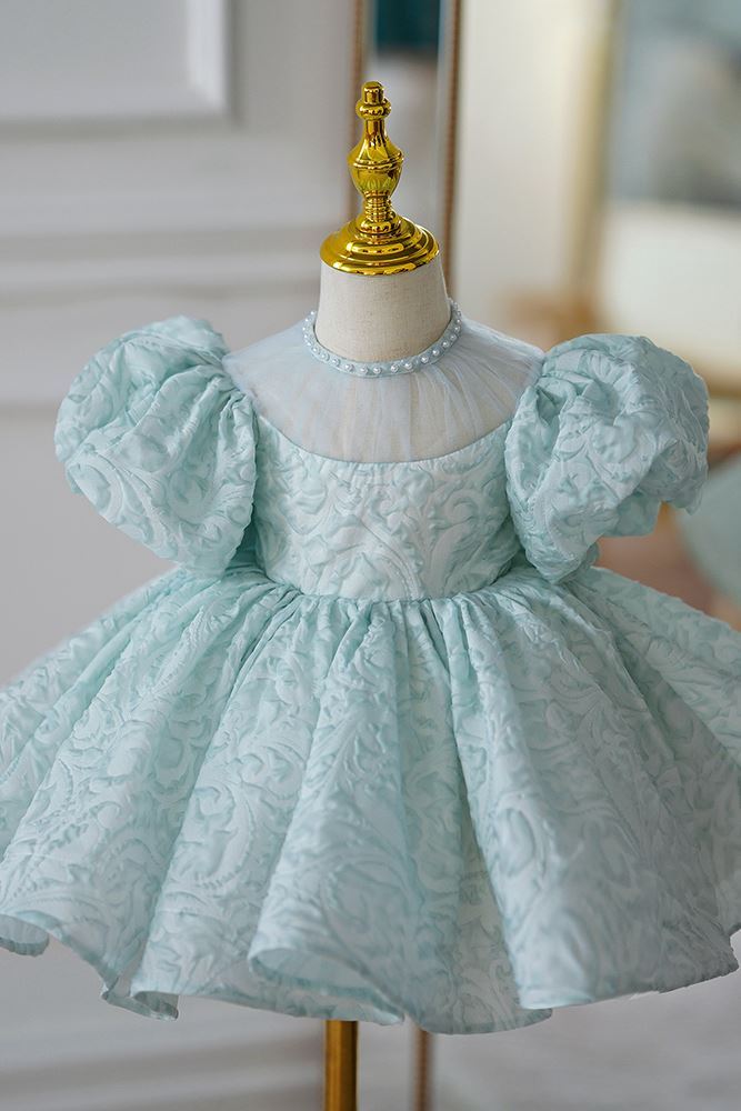 Princess Jewel Neck Tea Length Satin Flower Girl Dress in Mint Green