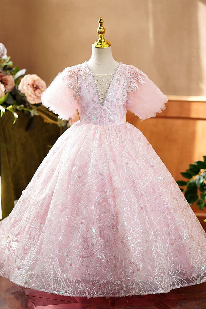 Prinzessin Bodenlang Pailletten Blumenmädchenkleider in Rosa