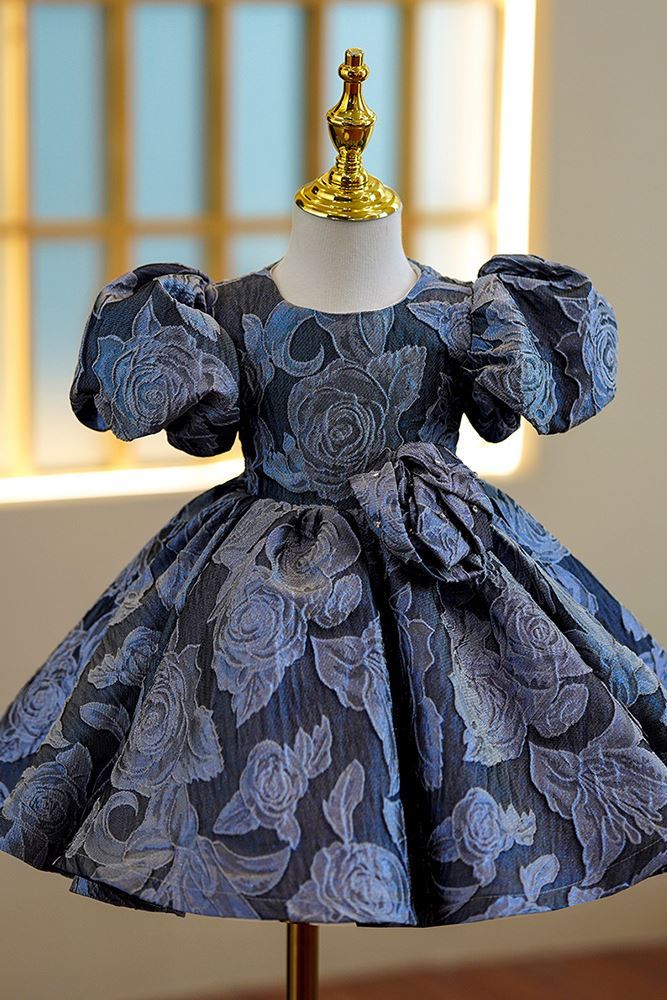 Prinzessin Runden Wadenlang Satin Blumenmädchenkleider in Königsblau