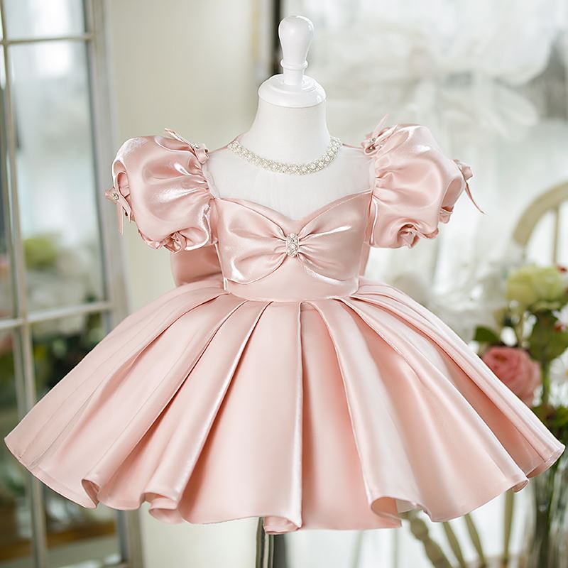 Prinzessin Juwelenhals Wadenlang Satin Blumenmädchenkleider in Rosa