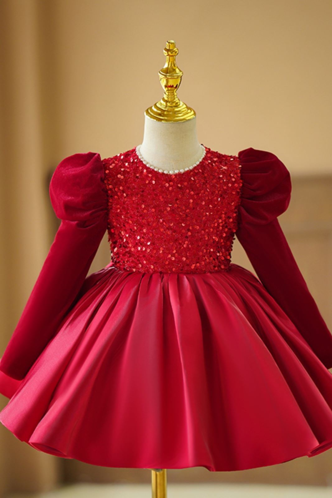 Princess Round Tea Length Satin Flower Girl Dress in Burgundy