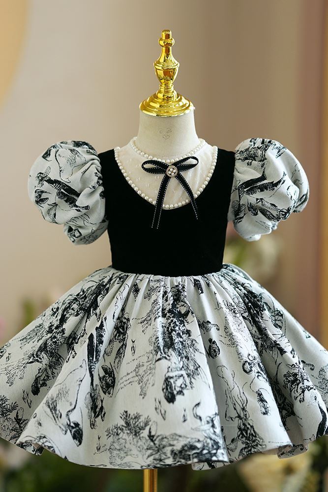 Princess Jewel Neck Tea Length Satin Flower Girl Dress in Black