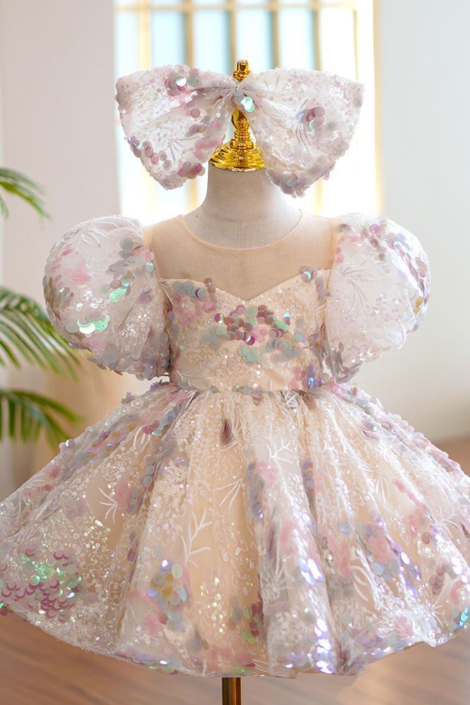 Princess Round Tea Length Sequined Flower Girl Dress colorful